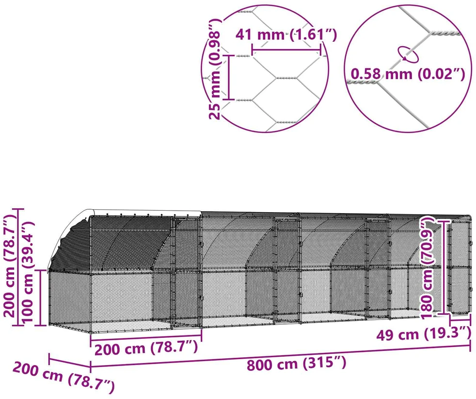 Vištų narvas 4 vnt. Sidabro 800 x 200 x 200 cm Plienas ir PE