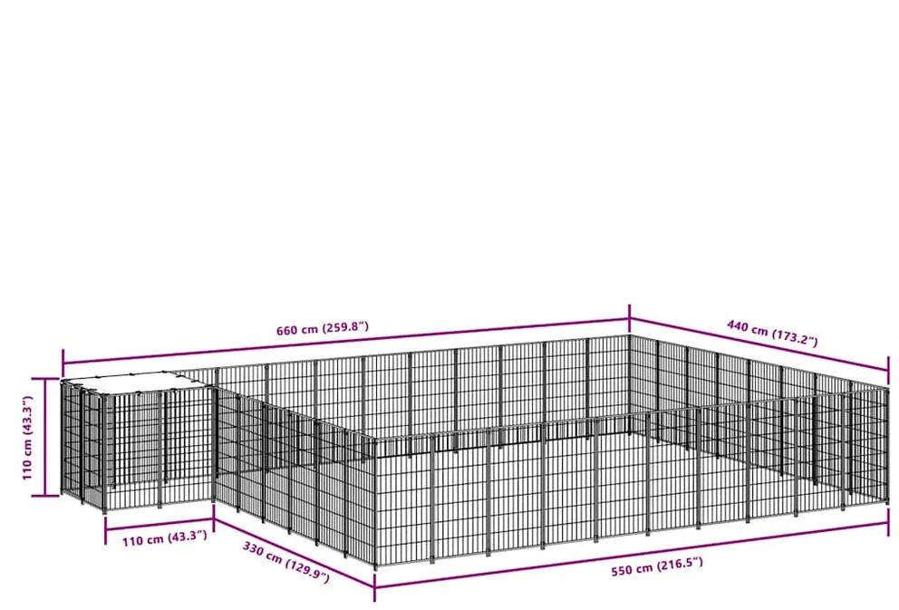 Voljeras šunims, juodos spalvos, 25,41 m², plienas