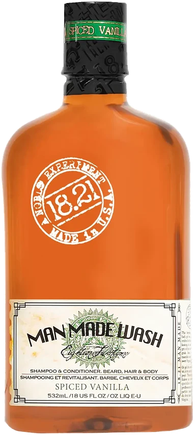 18.21 Man Made Wash Spiced Vanilla daugiafunkcė priemonė vyrams 3in1: šampūnas, kondicionierius ir kūno prausiklis viename, 530 ml