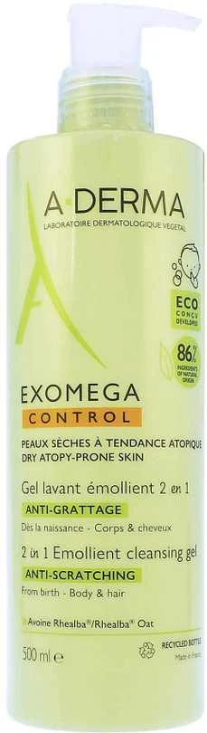 A-Derma Exomega Control Emolient 2in1 valomasis gelis kūnui ir plaukams, 500 ml