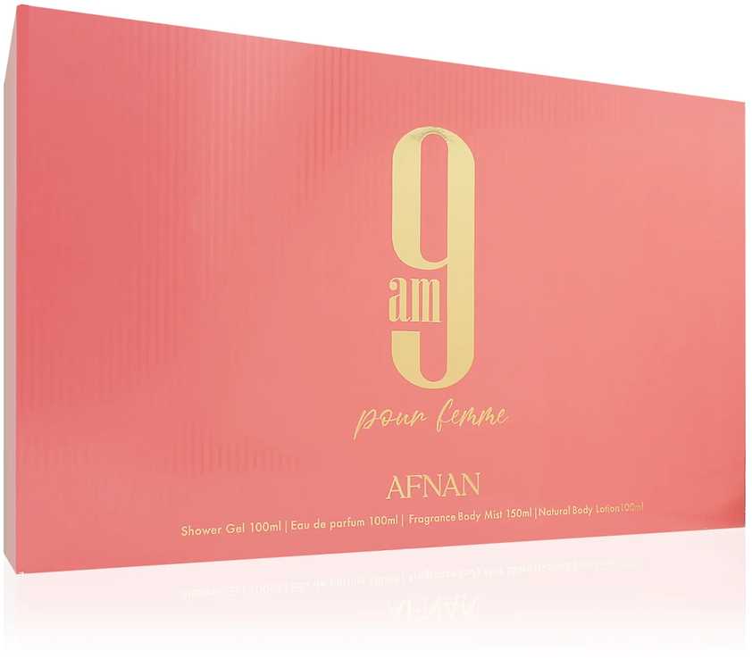 Afnan 9am Pour Femme komplektas parfuminio vandens purškiklis 100 ml + kūno dulksna 150 ml + kūno losjonas 100 ml + dušo želė 100 ml