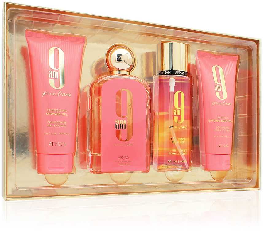 Afnan 9am Pour Femme komplektas parfuminio vandens purškiklis 100 ml + kūno dulksna 150 ml + kūno losjonas 100 ml + dušo želė 100 ml