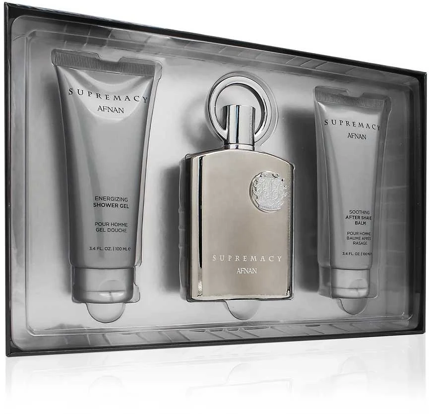 Dovanų rinkinys vyrams Afnan Supremacy Silver, EDP 100 ml + dušo želė 100 ml + balzamas po skutimosi 100 ml