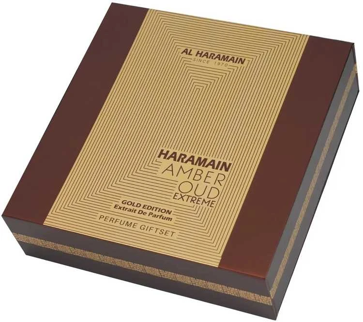 Al Haramain „Amber Oud Gold Edition Extreme“ rinkinys su kvepalų ekstraktu (75 ml) + kvepalų ekstraktu (30 ml) + dezodorantu (200 ml)