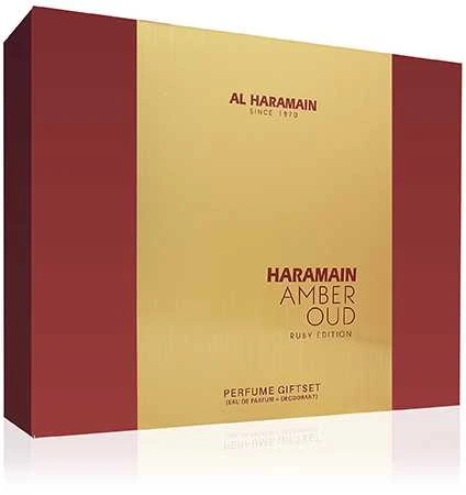 Al Haramain Amber Oud Ruby Edition rinkinys parfuminio vandens purškiklis 75ml + parfuminio vandens purškiklis 30ml + purškiamas dezodorantas 200ml
