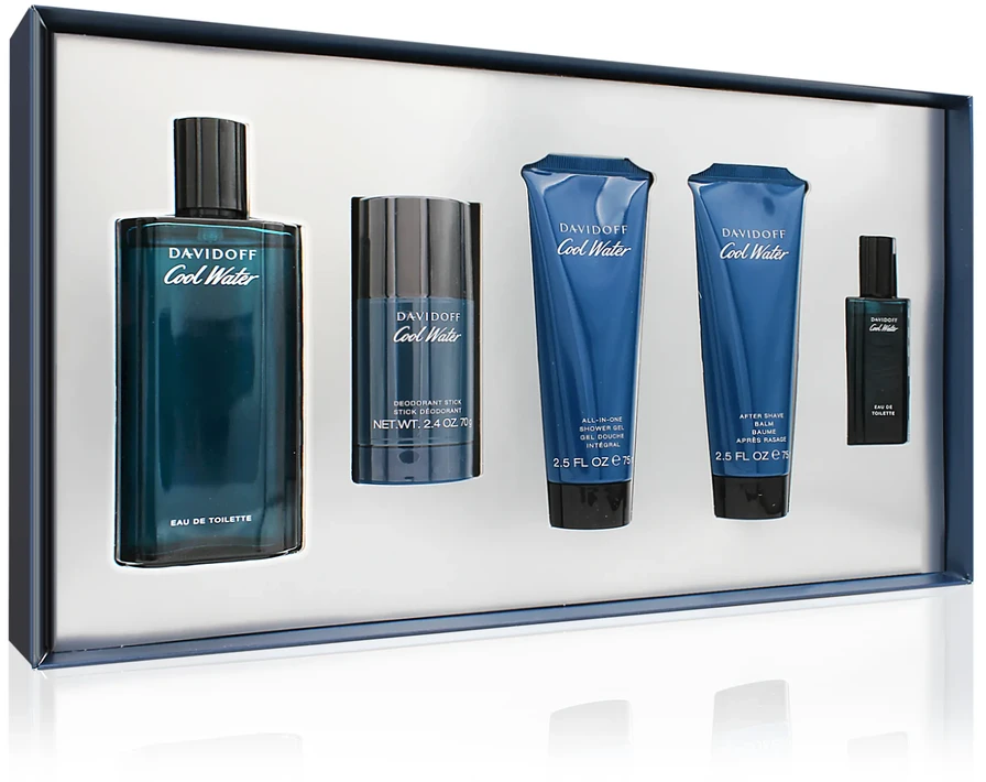 Davidoff „Cool Vanduo Men“ rinkinys: tualetinis vanduo 125 ml + dušo želė 75 ml + balzamas po skutimosi 75 ml + dezodorantas-stiklinis pieštukas 75 ml + tualetinis vanduo 15 ml