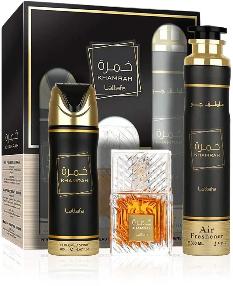 Lattafa Khamrah EDP rinkinys unisex (EDP 100 ml + Dezodorantas 200 ml + Air Freshener 300 ml)