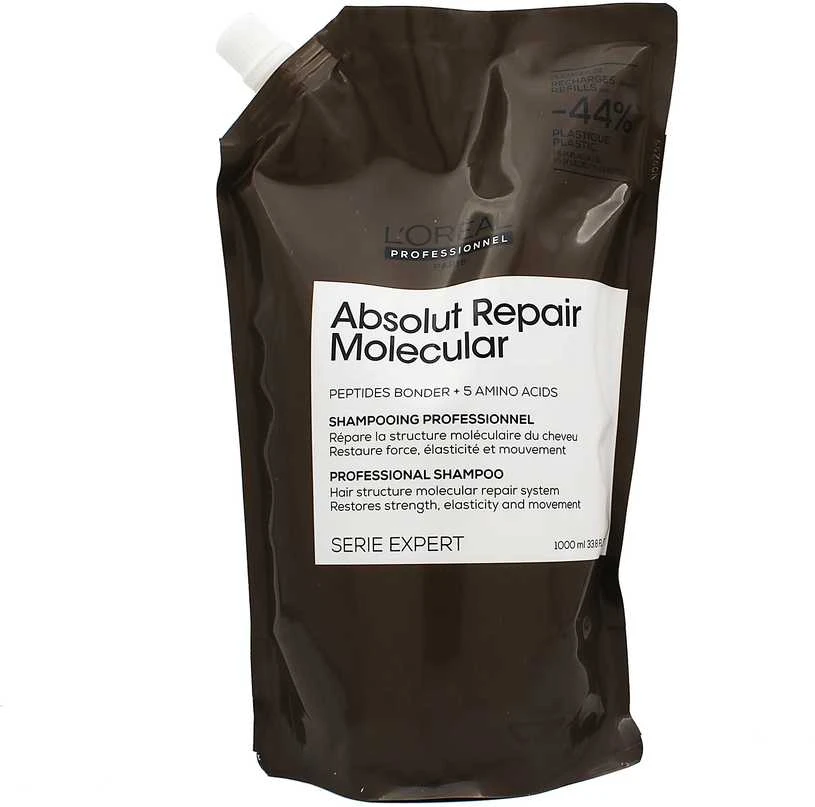 L'Oreal ABSOLUT REPAIR MOLECULAR profesionalus šampūnas pažeistiems plaukams be sulfatų, papildymas 1000 ml