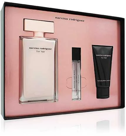 Set Narciso Rodriguez: For Her Eau De Parfum For Women, 100 ml + For Her Hydrating Losjonas kūnui, 50 ml + For Her Eau De Parfum For Women, 10 ml