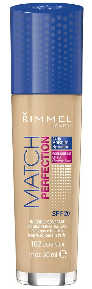 Rimmel London Match Perfection SPF20 makiažo pagrindas Moterims 30 ml, Light Nude 102 - Warm