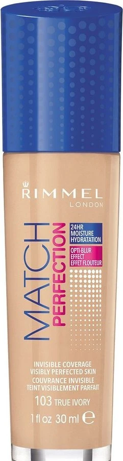 Rimmel London Match Perfection SPF20 makiažo pagrindas Moterims 30 ml, True Ivory 103 - Neutral