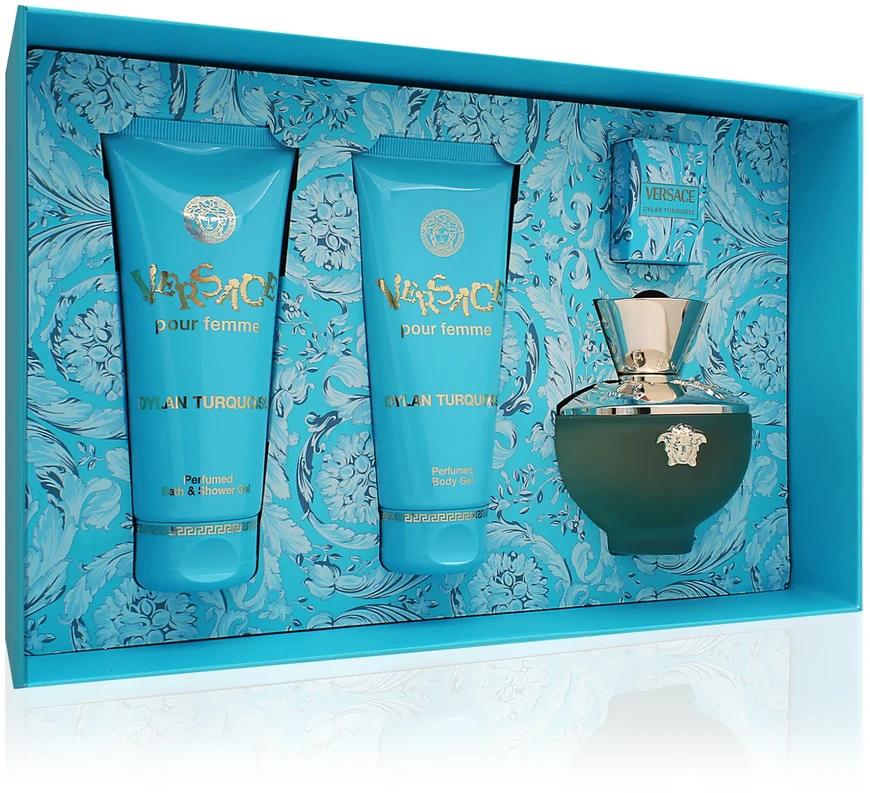 Kvepalų rinkinys moterims Versace Dylan Torquoise (EDT, 100 ml + kūno gelis, 100 ml + dušo želė, 100 ml + EDT miniatiūra, 5 ml)