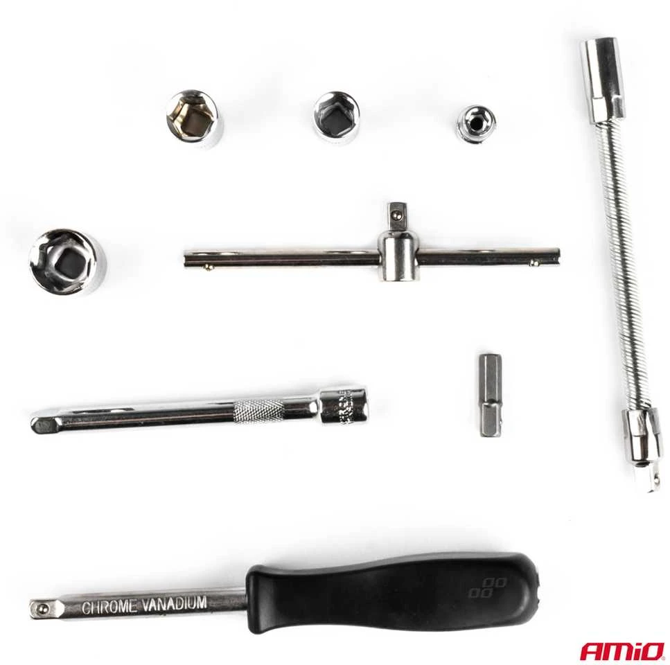 1/4" galvučių ir raktų rinkinys 46 vnt., Cr-V, AMIO-03136