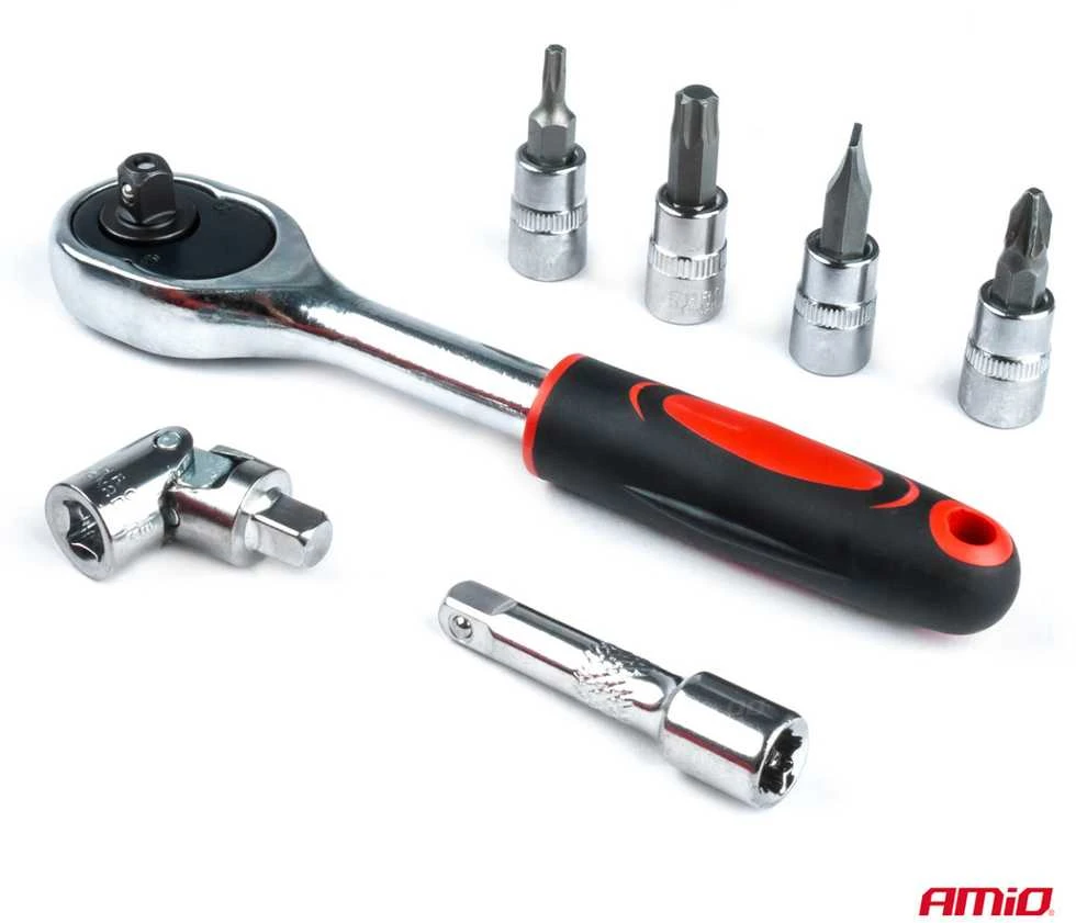 1/4" galvučių ir raktų rinkinys 46 vnt., Cr-V, AMIO-03136