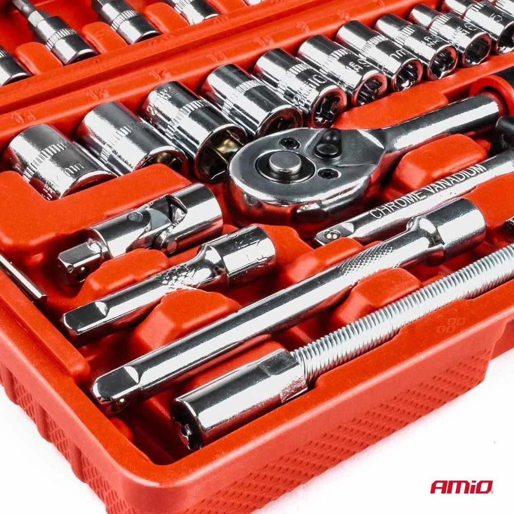 1/4" galvučių ir raktų rinkinys 46 vnt., Cr-V, AMIO-03136