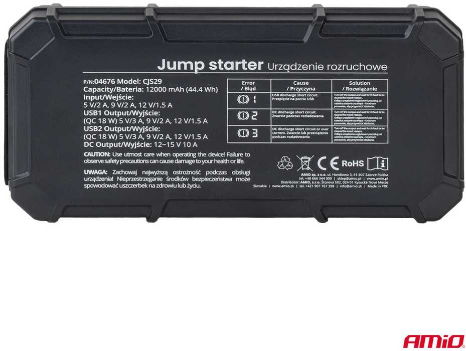 3in1 Automobilinis užvedimo įrenginys/LED/Powerbank 12V 12Ah 1000A PRO AMIO-04676