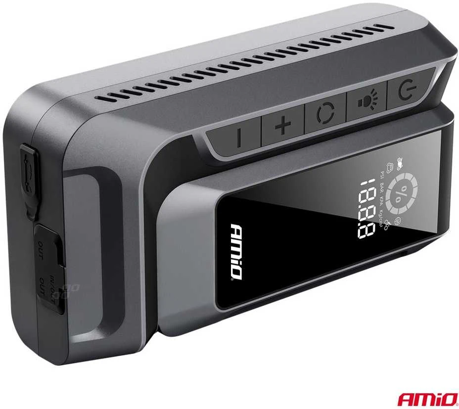 4in1 automobilinis užvedimo įrenginys (booster) su kompresoriumi, LED žibintuvėliu ir Powerbank 12V 12Ah 1600A AMIO-04677