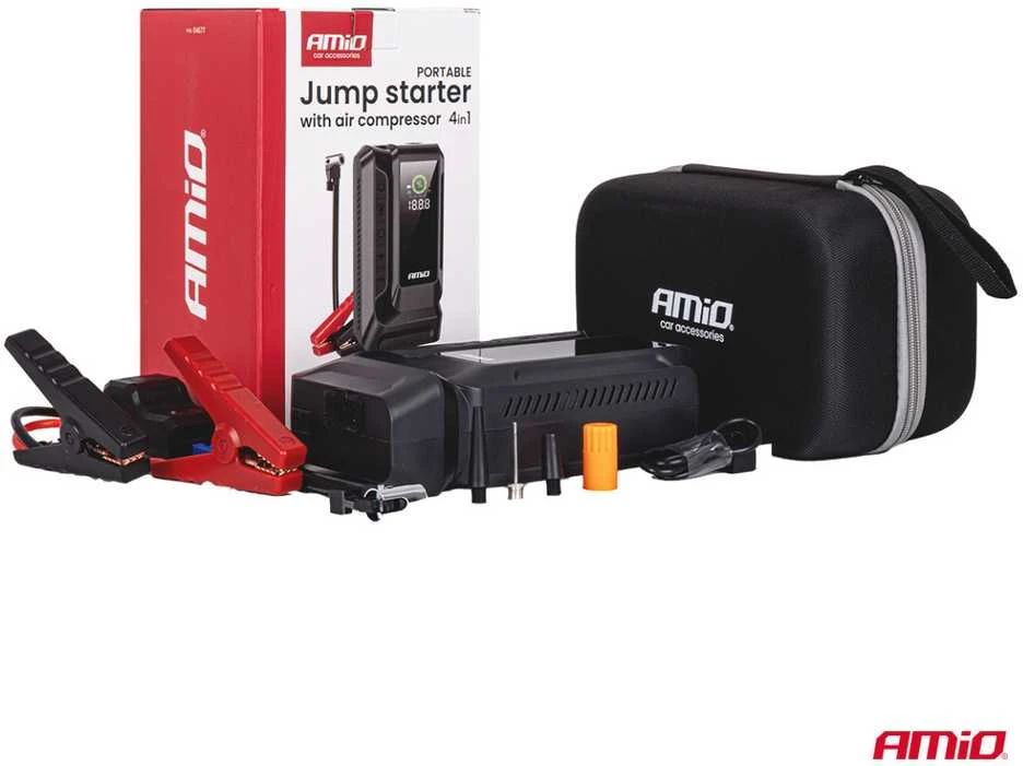4in1 automobilinis užvedimo įrenginys (booster) su kompresoriumi, LED žibintuvėliu ir Powerbank 12V 12Ah 1600A AMIO-04677