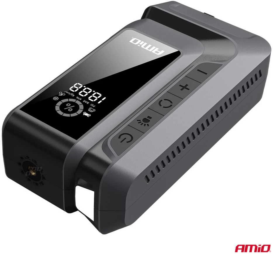 4in1 automobilinis užvedimo įrenginys (booster) su kompresoriumi, LED žibintuvėliu ir Powerbank 12V 12Ah 1600A AMIO-04677