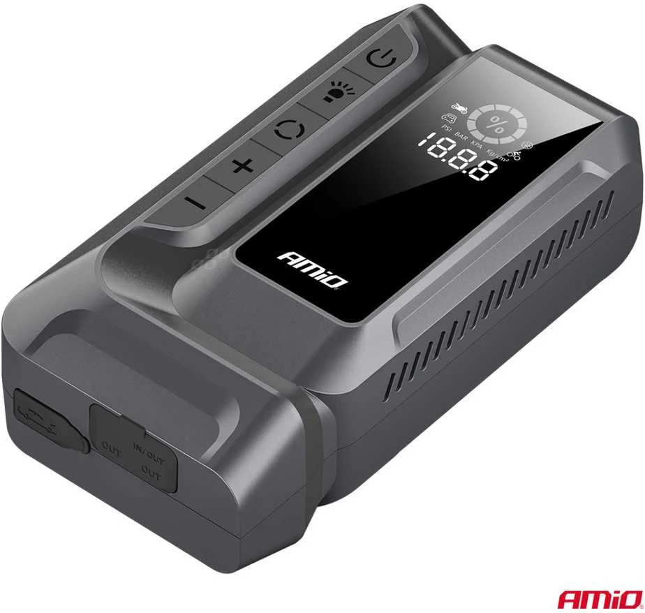 4in1 automobilinis užvedimo įrenginys (booster) su kompresoriumi, LED žibintuvėliu ir Powerbank 12V 12Ah 1600A AMIO-04677