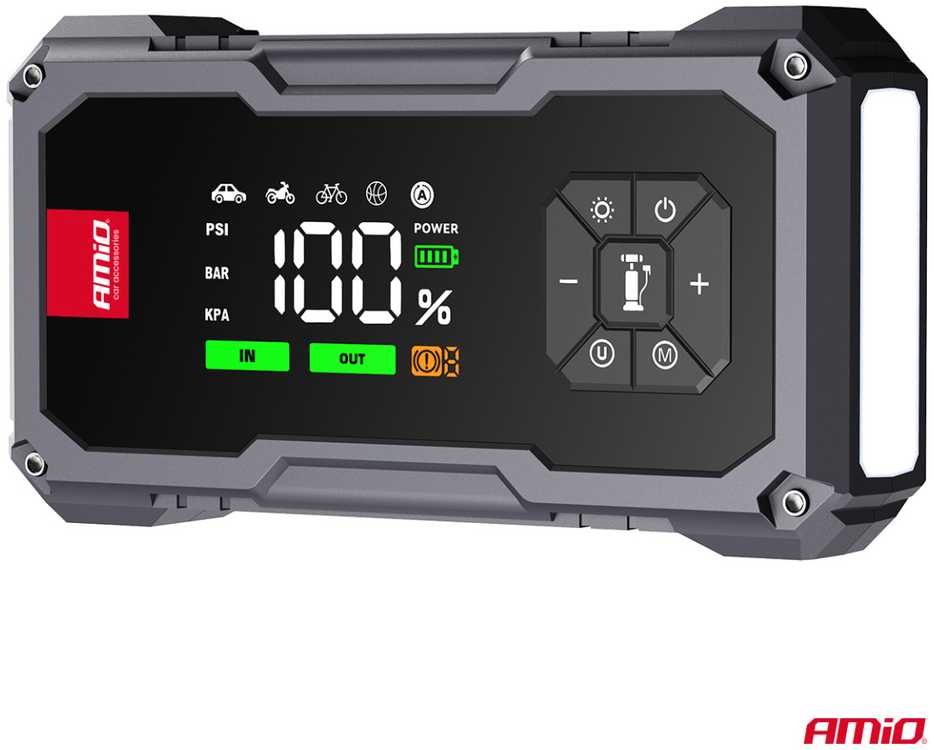 4in1 Automobilinis užvedimo įrenginys/LED/kompresorius/Powerbank 12V 7,2Ah 600A PRO AMIO-04674