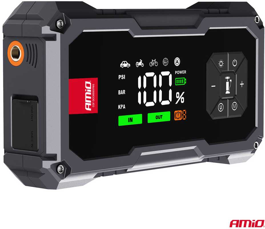 4in1 Automobilinis užvedimo įrenginys/LED/kompresorius/Powerbank 12V 7,2Ah 600A PRO AMIO-04674