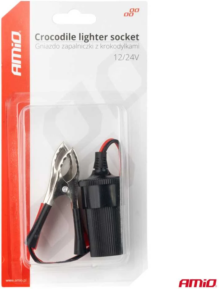 Adapteris į žiebtuvėlio lizdą 12V/24V, krokodilo tipo, 15 cm AMIO-03803