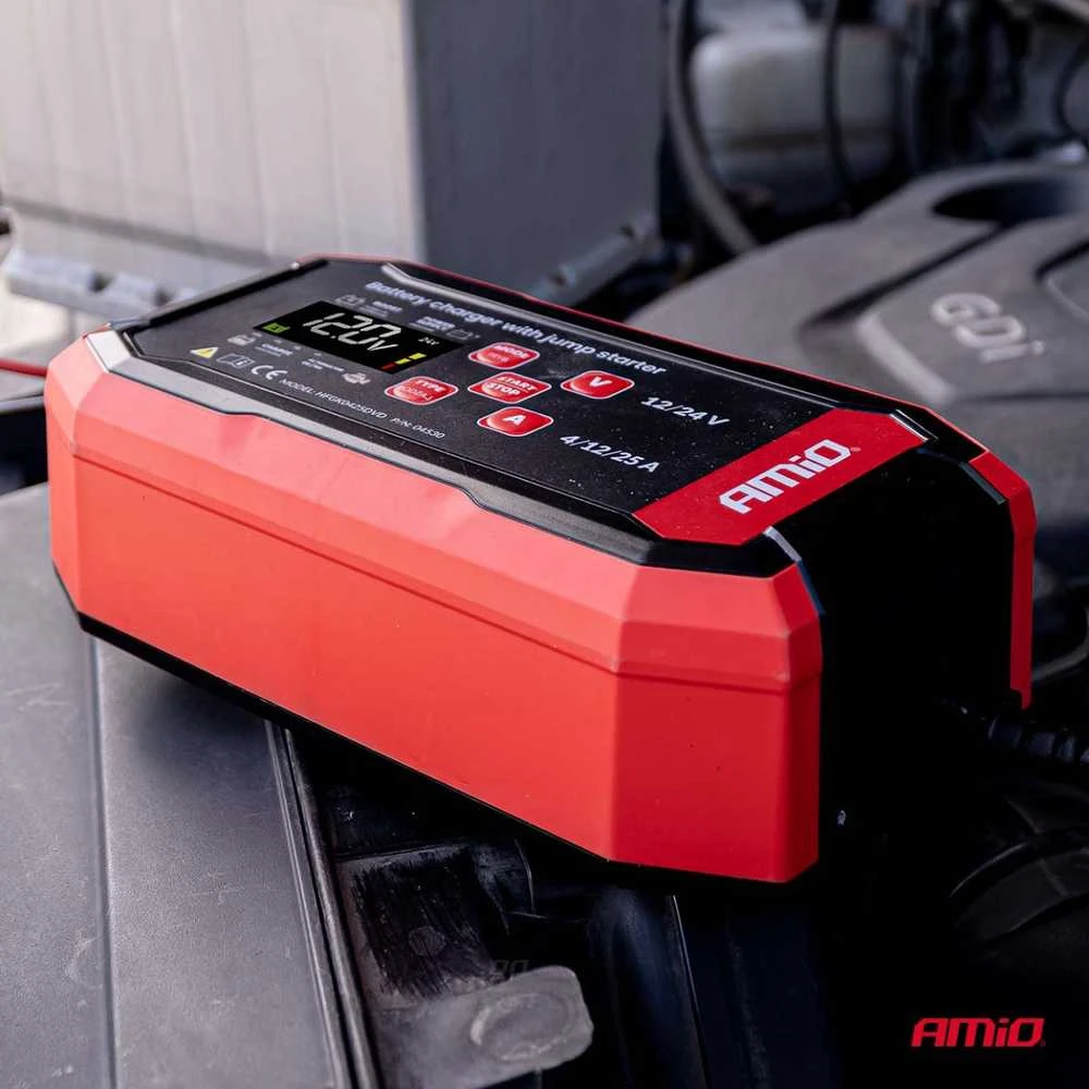 Akumuliatoriaus įkroviklis su užvedimo funkcija AGM/GEL/STD/LiFePo4 MAX 25A 12/24V PRO AMIO-04530
