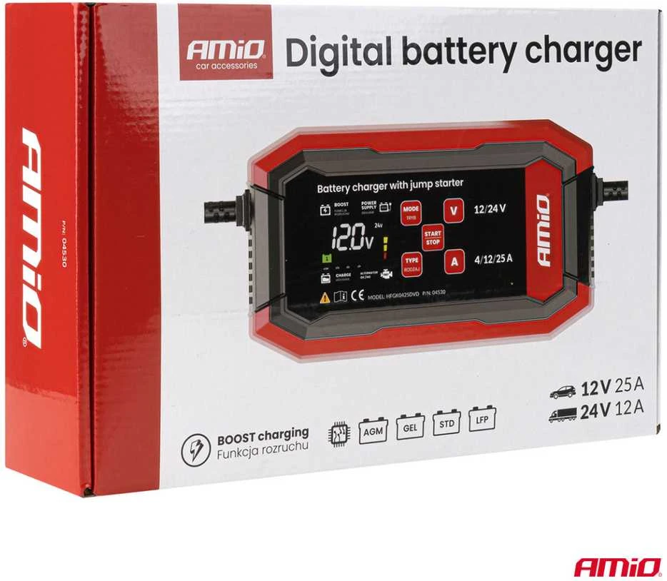 Akumuliatoriaus įkroviklis su užvedimo funkcija AGM/GEL/STD/LiFePo4 MAX 25A 12/24V PRO AMIO-04530