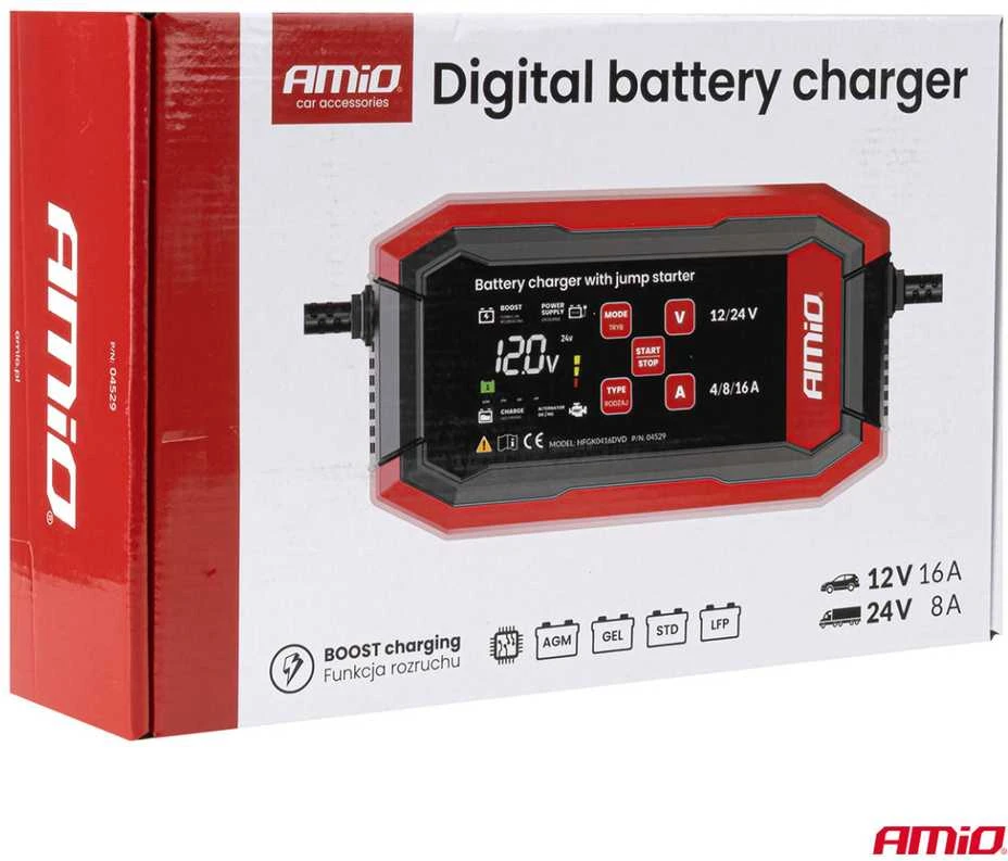 Akumuliatoriaus įkroviklis su užvedimo funkcija AGM/GEL/STD/LiFePo4 MAX 16A 12/24V PRO AMIO-04529