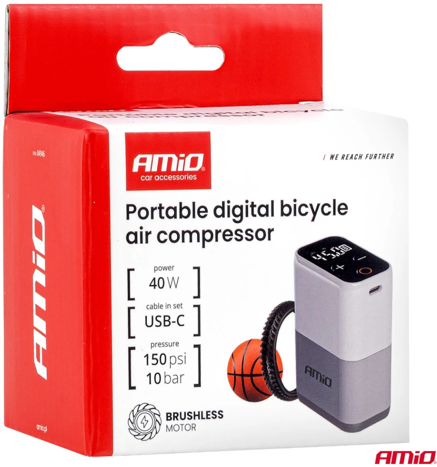 Mini belaidis dviračio kompresorius bešepetėlinis su LED ekranu, 40 W, USB-C, amio-04946