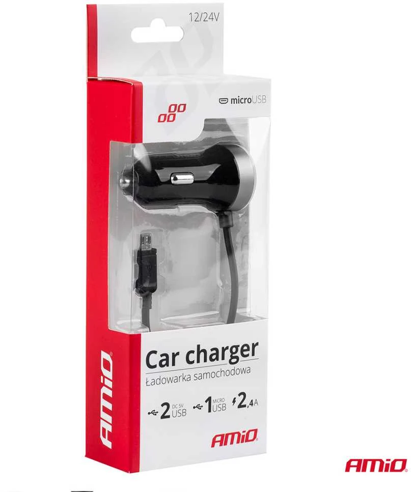 Amio Automobilinis įkroviklis PCH PRO-01 microUSB+2xUSB 2.4A 12/24V