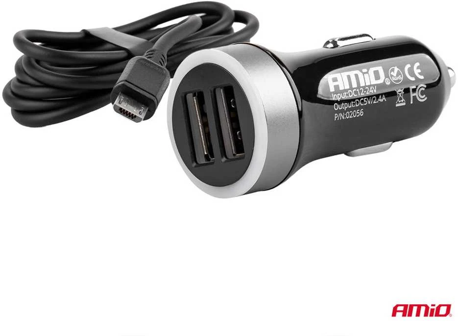 Amio Automobilinis įkroviklis PCH PRO-01 microUSB+2xUSB 2.4A 12/24V