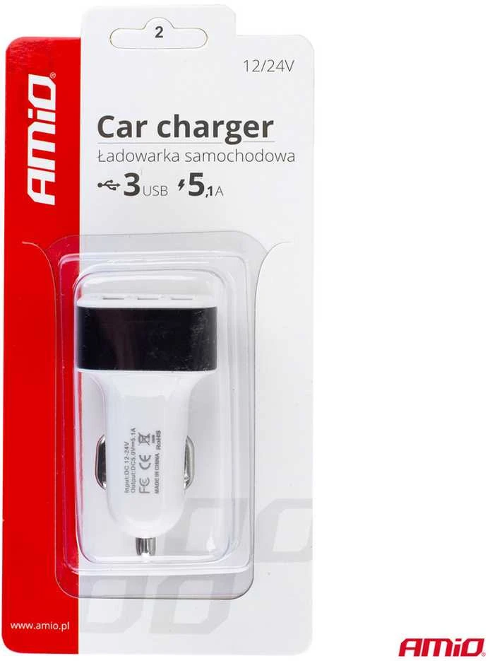 Amio Automobilinis telefono įkroviklis 3xUSB baltas PCH-03