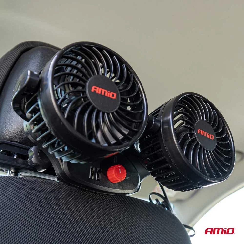 Amio Automobilio ventiliatorius prie galvos atramos su USB įkrovikliu 2x4" 12V