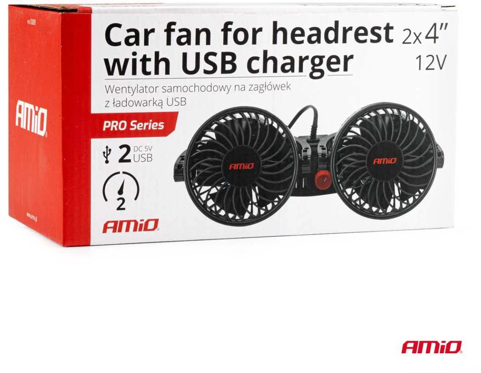 Amio Automobilio ventiliatorius prie galvos atramos su USB įkrovikliu 2x4" 12V