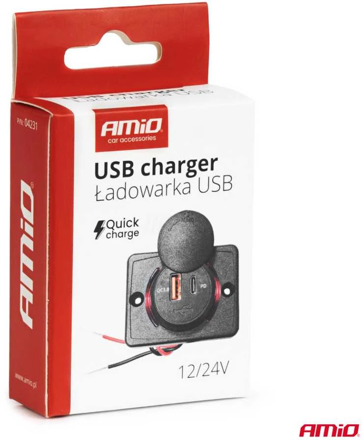 Amio Kvadratinis atsparus vandeniui telefono įkroviklis su raudonu LED apšvietimu, USB + USB C QC3.0 12/24V