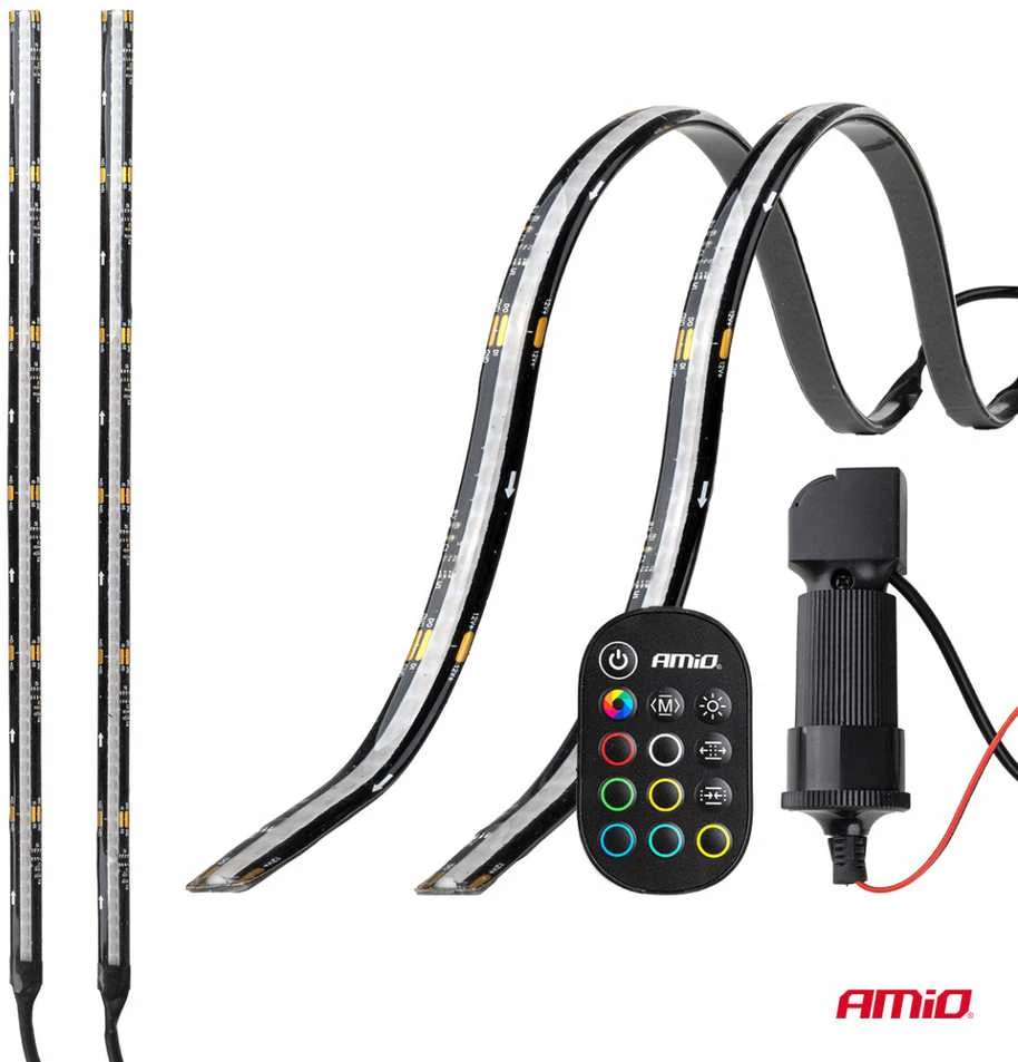 Amio Lanksčios šoninės LED COB juostos 2x30 cm 12V, RGB įvairių spalvų, su pultu
