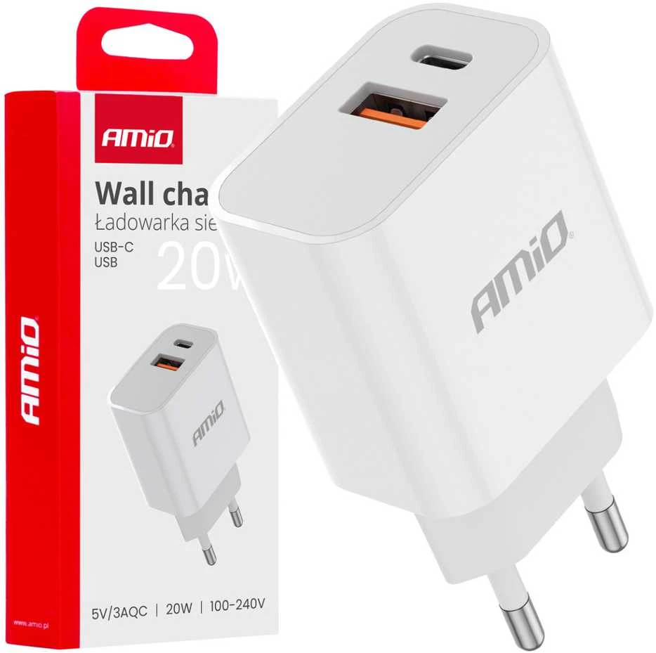 Amio Sieninis įkroviklis PCH PRO-09 USB+USB-C 20W Quick Charge 230V