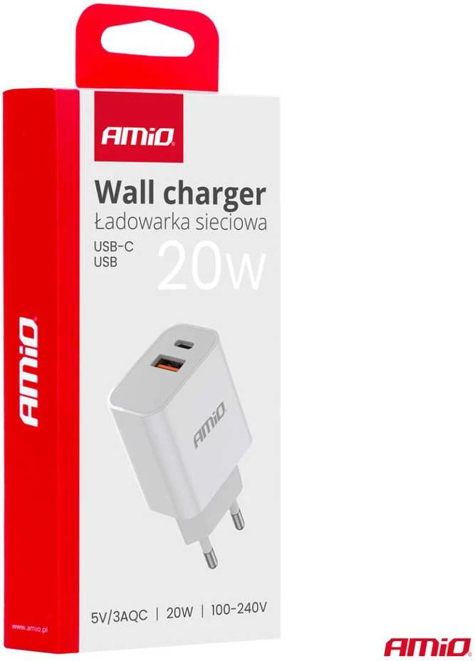 Amio Sieninis įkroviklis PCH PRO-09 USB+USB-C 20W Quick Charge 230V