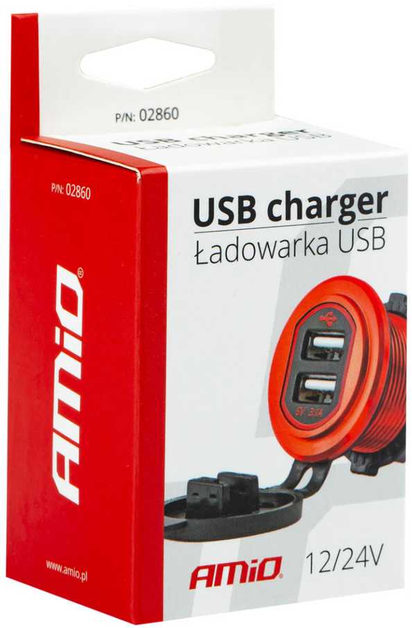 Amio Vandeniui atsparus telefono įkroviklis 2xUSB 12/24V MOD-10