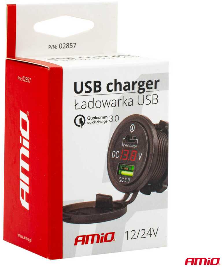 Amio Vandeniui atsparus telefono įkroviklis su skaitmeniniu voltmetru USB + USB C 12/24V MOD-07