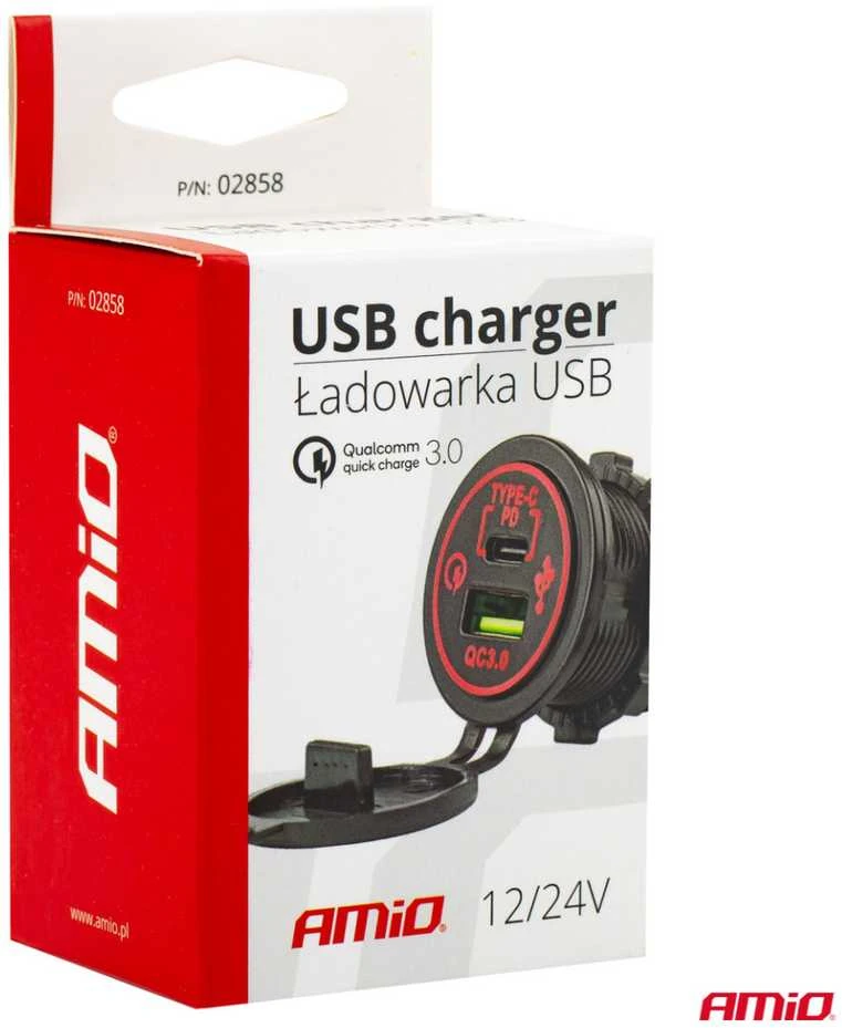 Amio Vandeniui atsparus telefono įkroviklis USB+USB-C 12/24V MOD-08