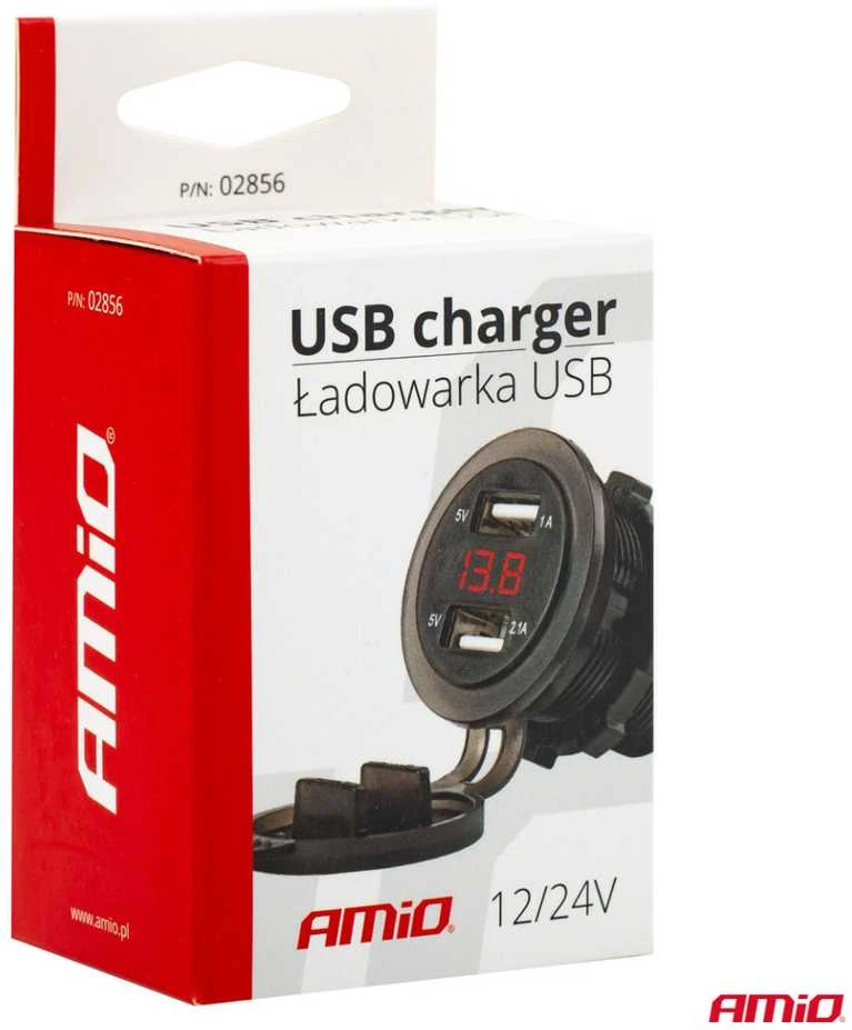 Amio Vandeniui atsparus telefono įkroviklis su skaitmeniniu voltmetru 2xUSB 12/24V MOD-06