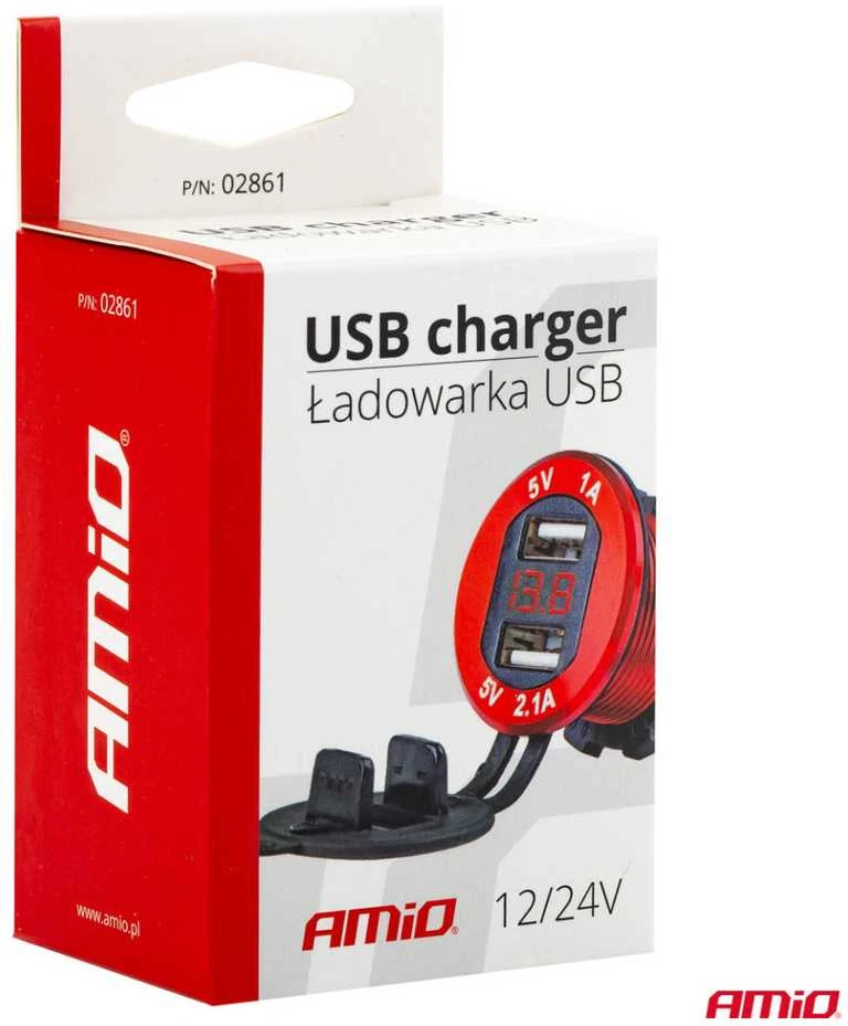 Amio Vandeniui atsparus telefono įkroviklis su skaitmeniniu voltmetru 2xUSB 12/24V MOD-11