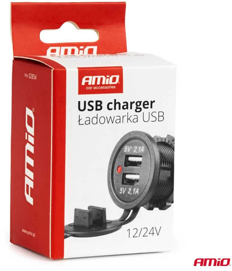 Amio Vandeniui atsparus telefono įkroviklis 2xUSB 12/24V MOD-04