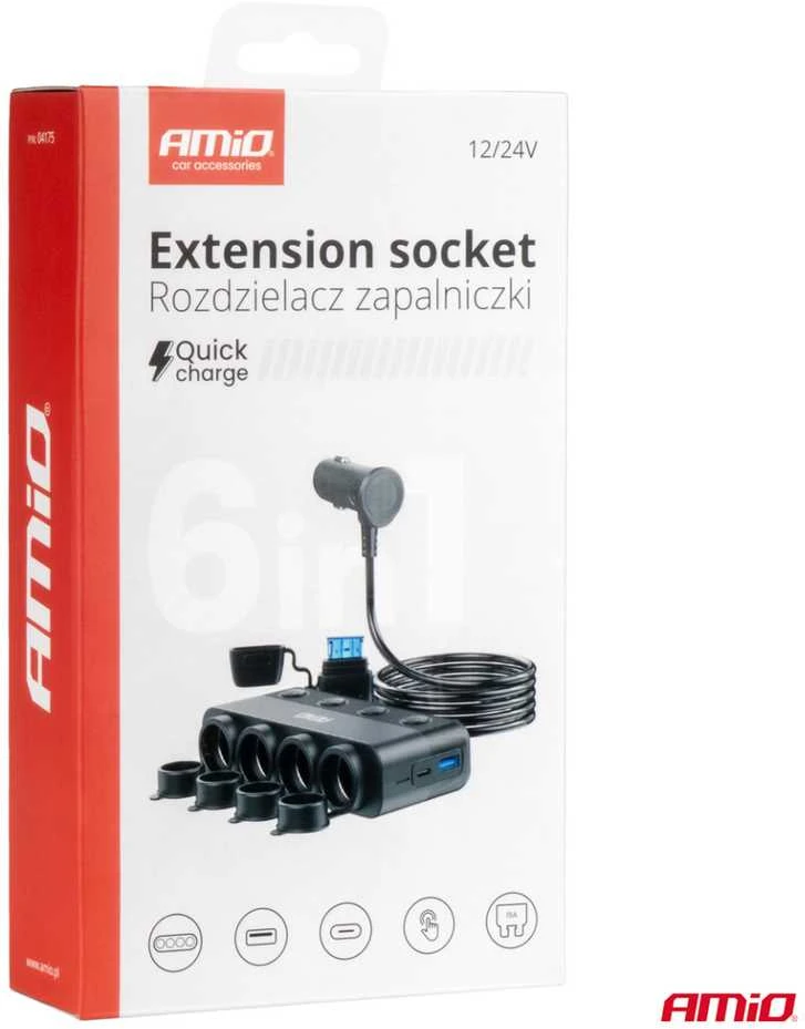 Automobilinis 4 lizdų skirstytuvas su PD 30W ir QC3.0 12/24V, max 216W AMIO-04175