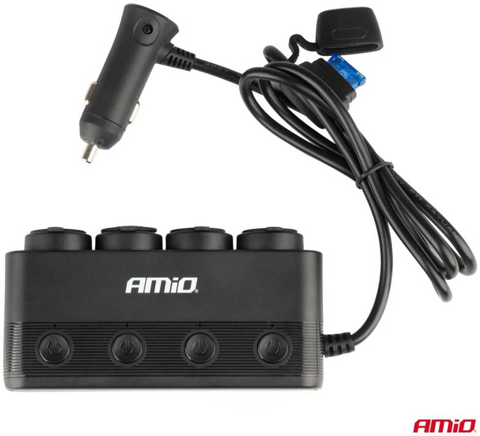 Automobilinis 4 lizdų skirstytuvas su PD 30W ir QC3.0 12/24V, max 216W AMIO-04175