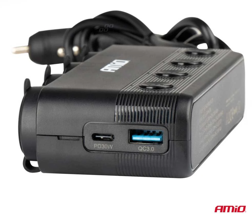 Automobilinis 4 lizdų skirstytuvas su PD 30W ir QC3.0 12/24V, max 216W AMIO-04175