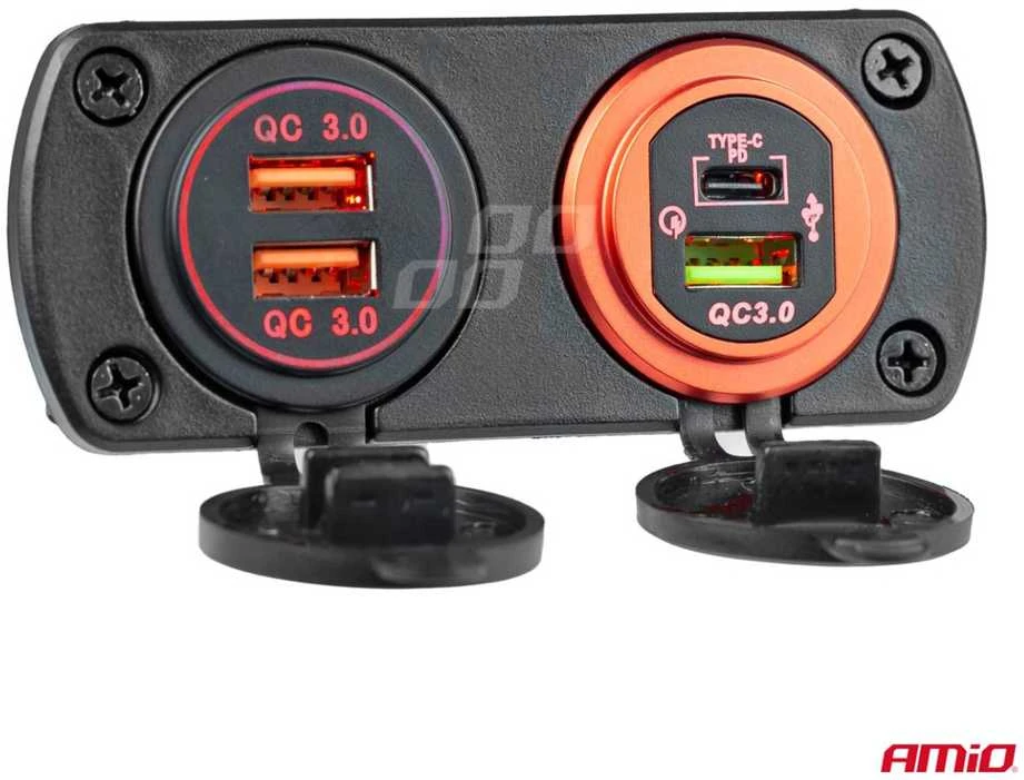 Automobilinis atsparus vandeniui įkroviklis USB + USB-C 12/24 V MOD-09, AMIO-02859